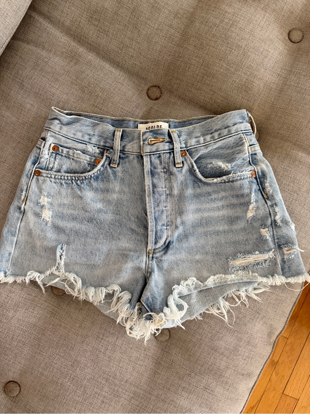 Agolde Parker Light Blue Frayed Hem Distressed Denim Shorts
